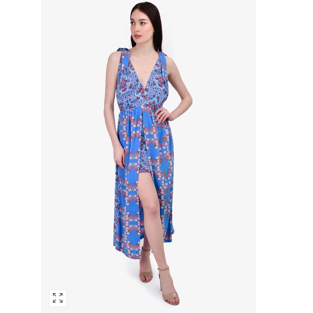 Sandro Paris Blue Floral Paisley Maxi Dress Feminine Resort Wear SZ 34 XS